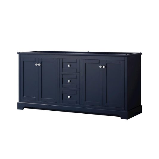 Wyndham Collection Avery 72" Double Bathroom Vanity in Dark Blue, No Countertop, No Sinks, Polished Chrome Trim