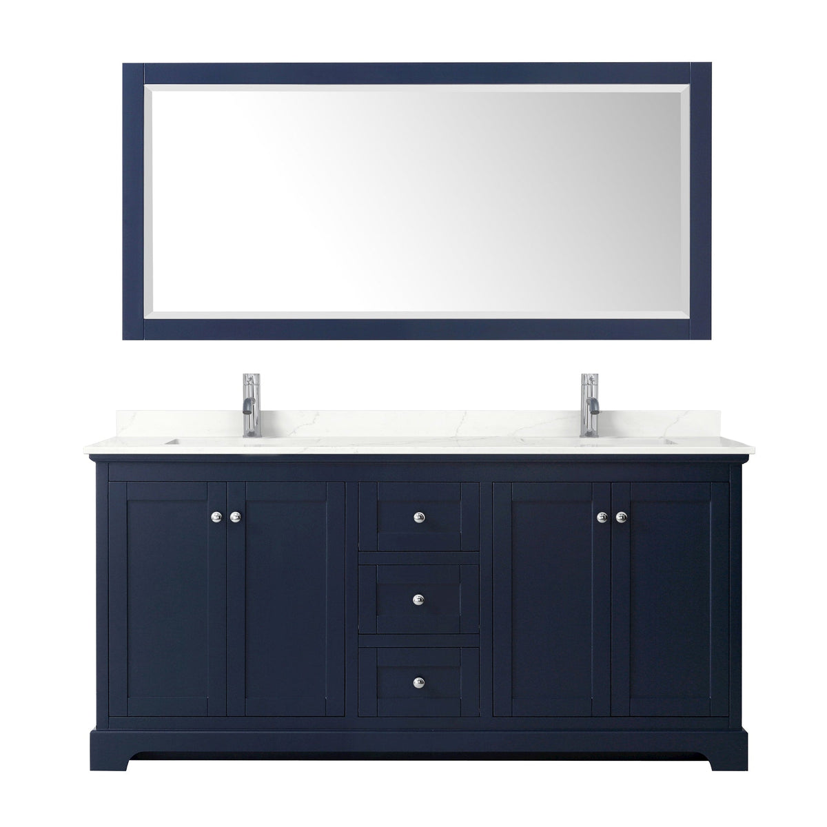 Wyndham Collection Avery 72" Double Bathroom Vanity in Dark Blue, Giotto Quartz Countertop, Undermount Square Sinks (1-Hole), Polished Chrome Trim and 70" Mirror