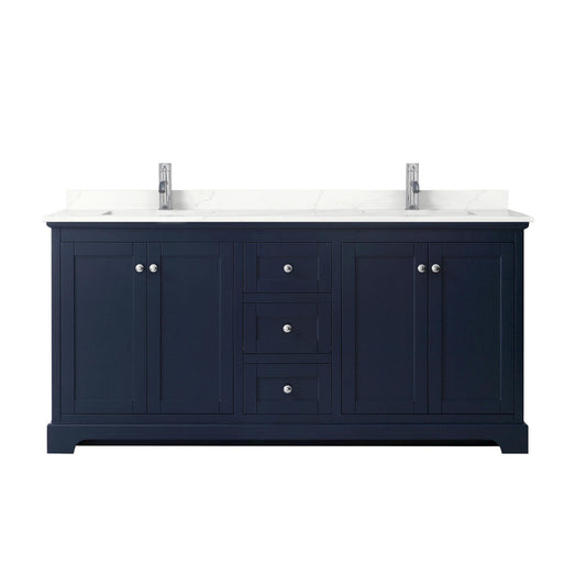 Wyndham Collection Avery 72" Double Bathroom Vanity in Dark Blue, Giotto Quartz Countertop, Undermount Square Sinks (1-Hole), Polished Chrome Trim