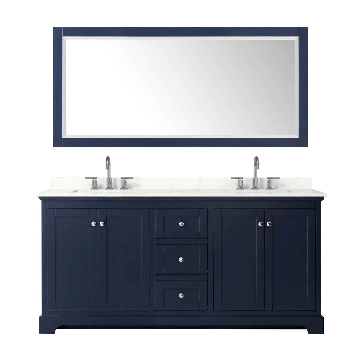 Wyndham Collection Avery 72" Double Bathroom Vanity in Dark Blue, Giotto Quartz Countertop, Undermount Square Sinks (3-Hole), Polished Chrome Trim and 70" Mirror