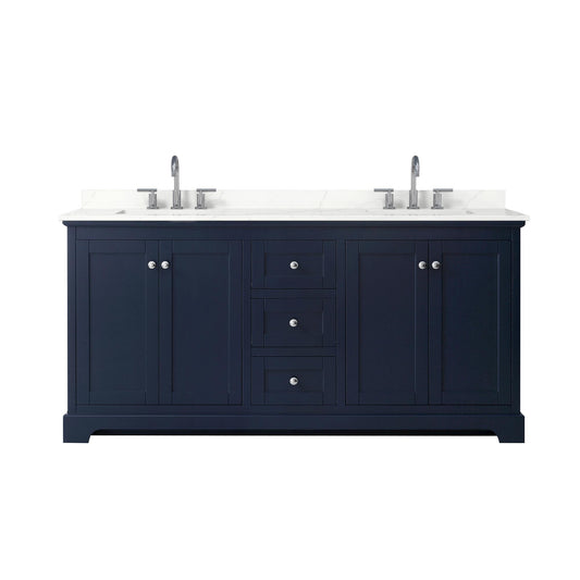 Wyndham Collection Avery 72" Double Bathroom Vanity in Dark Blue, Giotto Quartz Countertop, Undermount Square Sinks (3-Hole), Polished Chrome Trim