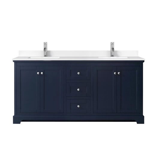 Wyndham Collection Avery 72" Double Bathroom Vanity in Dark Blue, White Cultured Marble Countertop, Undermount Square Sinks (1-Hole), Polished Chrome Trim