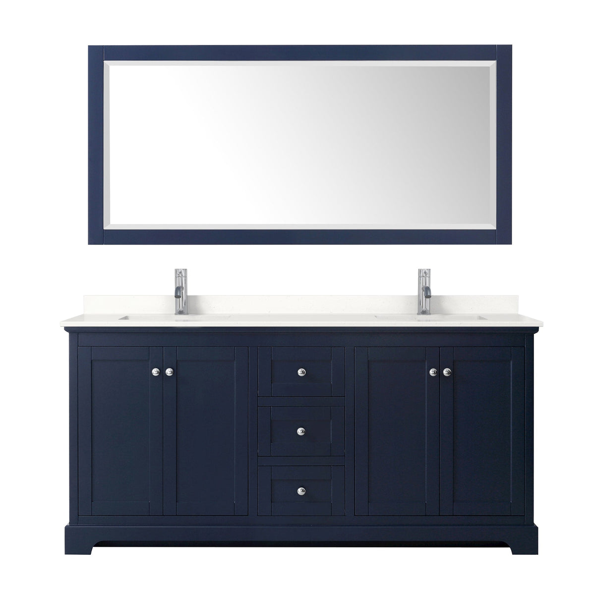 Wyndham Collection Avery 72" Double Bathroom Vanity in Dark Blue, White Quartz Countertop, Undermount Square Sinks (1-Hole), Polished Chrome Trim and 70" Mirror