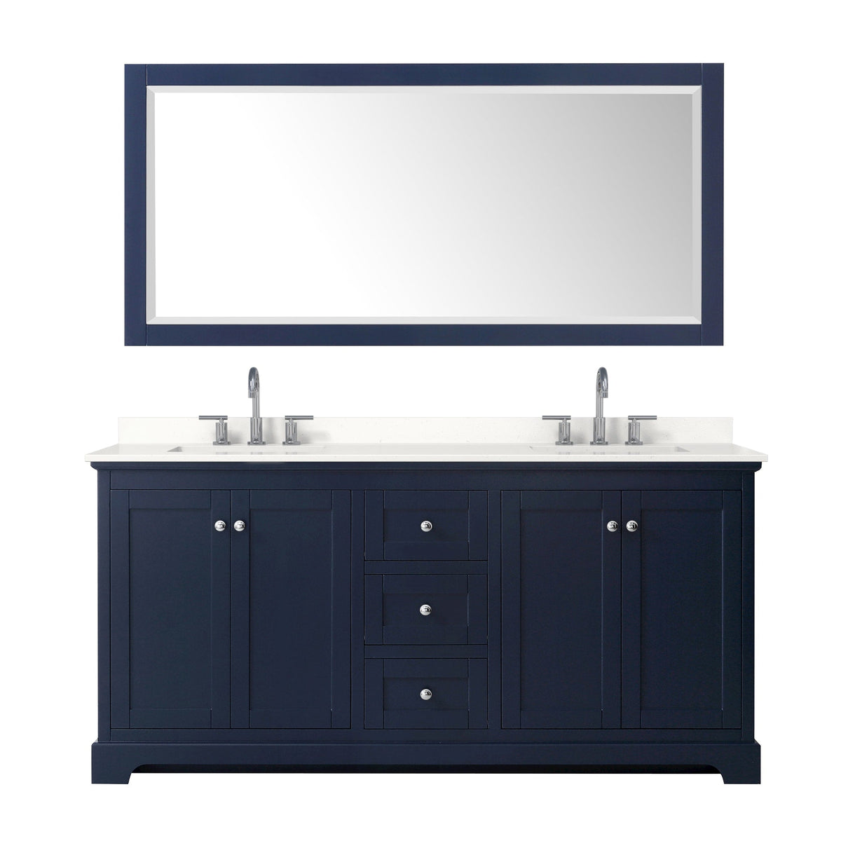Wyndham Collection Avery 72" Double Bathroom Vanity in Dark Blue, White Quartz Countertop, Undermount Square Sinks (3-Hole), Polished Chrome Trim and 70" Mirror