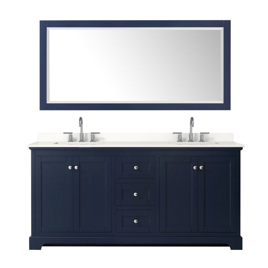 Wyndham Collection Avery 72" Double Bathroom Vanity in Dark Blue, White Quartz Countertop, Undermount Square Sinks (3-Hole), Polished Chrome Trim and 70" Mirror