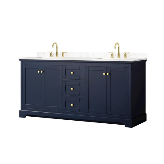 Wyndham Collection Avery 72" Double Bathroom Vanity in Dark Blue, Carrara Cultured Marble Countertop, Undermount Square Sinks (3-Hole), Brushed Gold Trim
