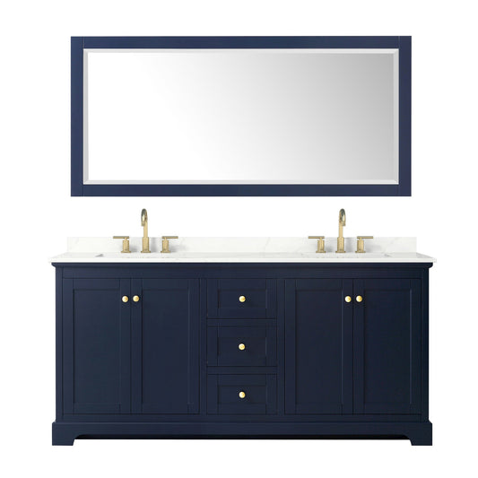 Wyndham Collection Avery 72" Double Bathroom Vanity in Dark Blue, Giotto Quartz Countertop, Undermount Square Sinks (3-Hole), Brushed Gold Trim and 70" Mirror