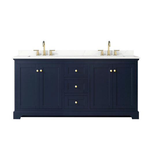 Wyndham Collection Avery 72" Double Bathroom Vanity in Dark Blue, Giotto Quartz Countertop, Undermount Square Sinks (3-Hole), Brushed Gold Trim