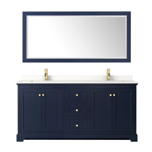 Wyndham Collection Avery 72" Double Bathroom Vanity in Dark Blue, White Quartz Countertop, Undermount Square Sinks (1-Hole), Brushed Gold Trim and 70" Mirror