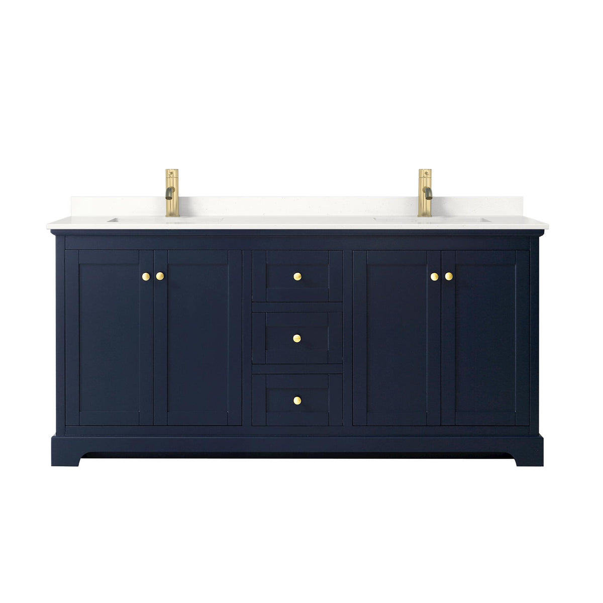 Wyndham Collection Avery 72" Double Bathroom Vanity in Dark Blue, White Quartz Countertop, Undermount Square Sinks (1-Hole), Brushed Gold Trim