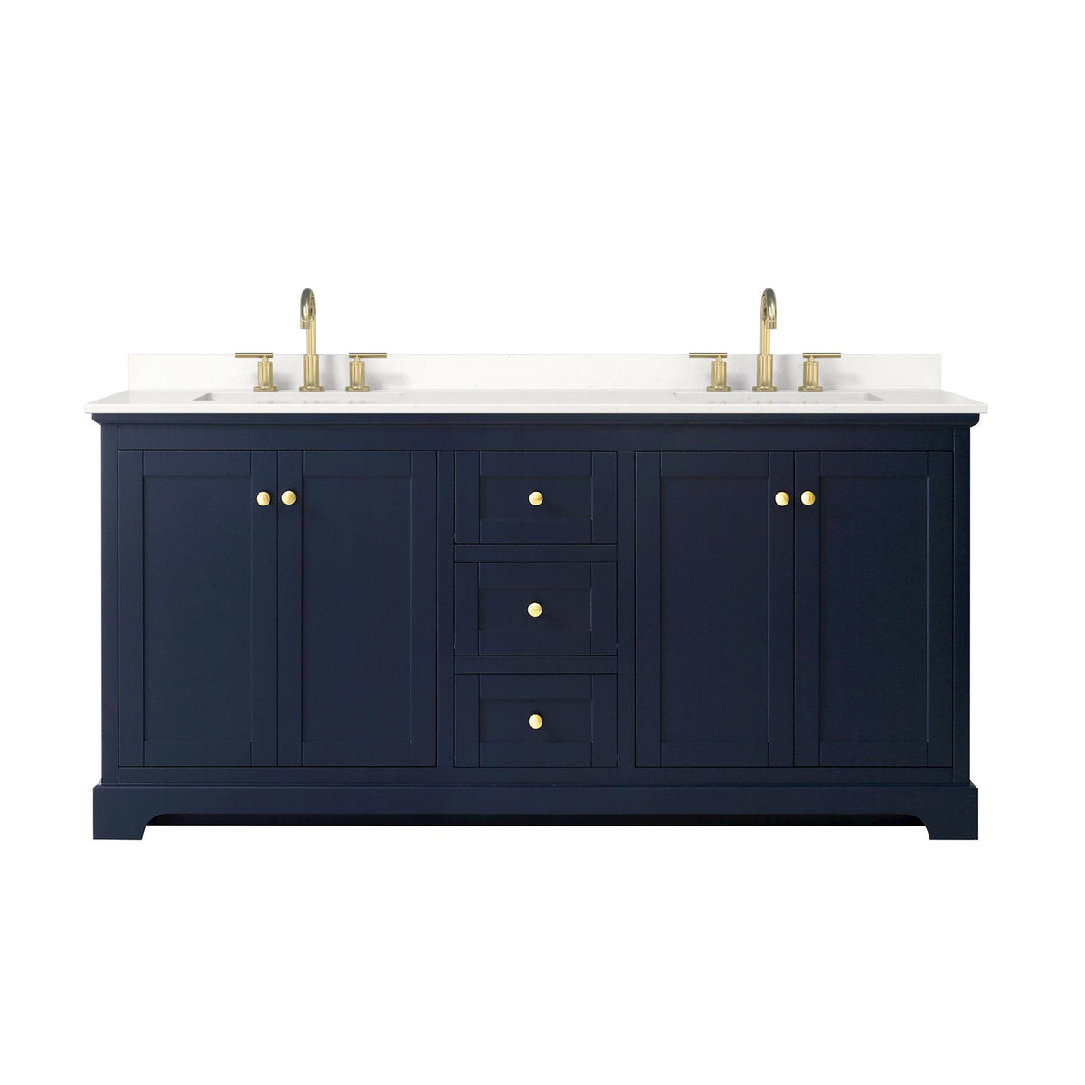 Wyndham Collection Avery 72" Double Bathroom Vanity in Dark Blue, White Quartz Countertop, Undermount Square Sinks (3-Hole), Brushed Gold Trim