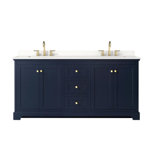 Wyndham Collection Avery 72" Double Bathroom Vanity in Dark Blue, White Quartz Countertop, Undermount Square Sinks (3-Hole), Brushed Gold Trim