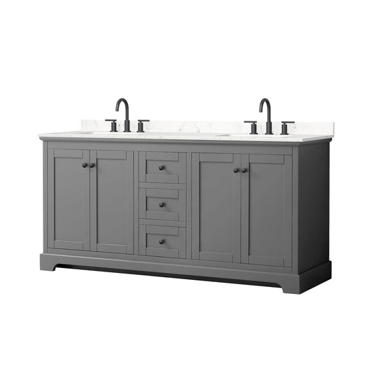 Wyndham Collection Avery 72" Double Bathroom Vanity in Dark Gray, Carrara Cultured Marble Countertop, Undermount Square Sinks (3-Hole), Matte Black Trim