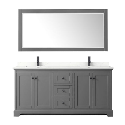 Wyndham Collection Avery 72" Double Bathroom Vanity in Dark Gray, Giotto Quartz Countertop, Undermount Square Sinks (1-Hole), Matte Black Trim and 70" Mirror