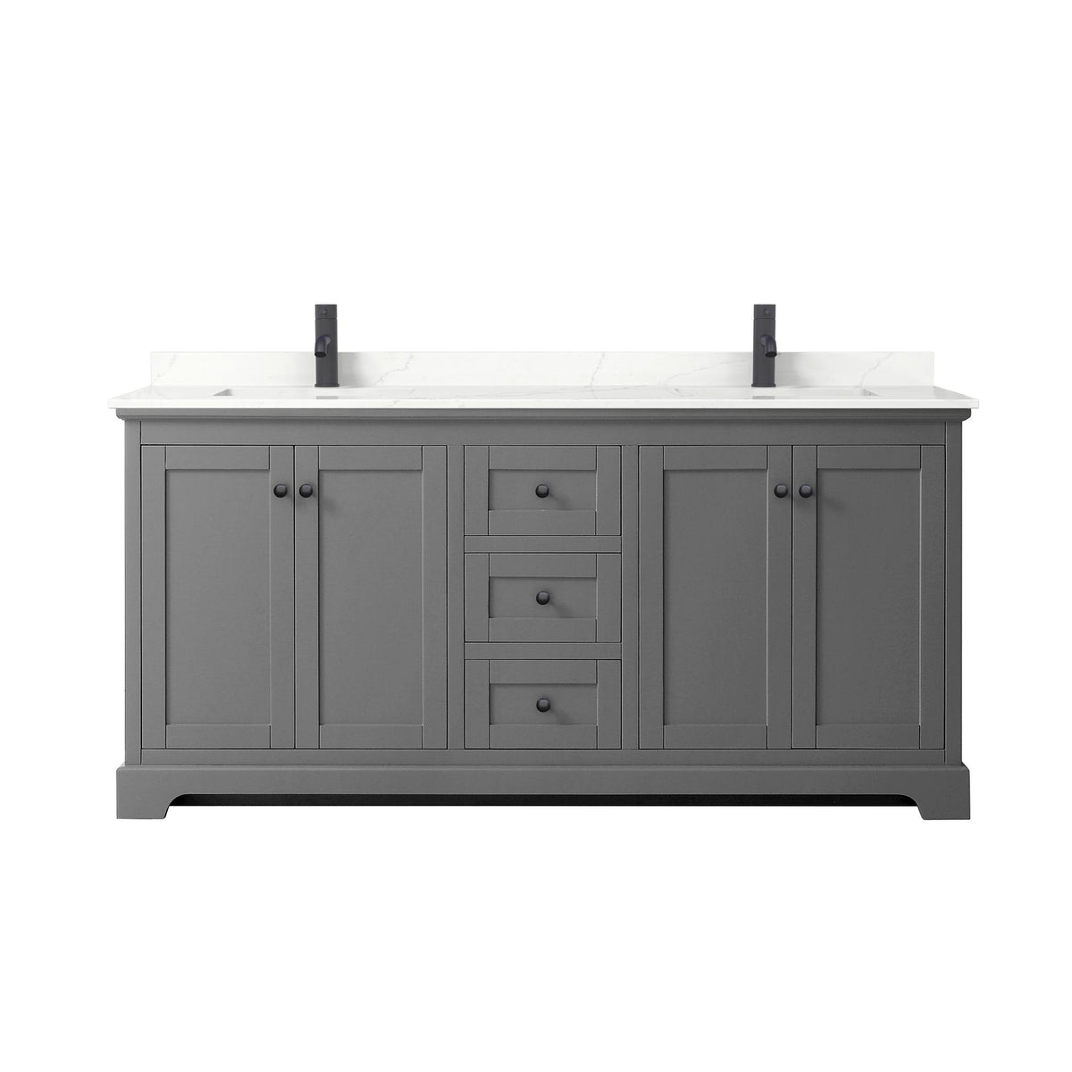 Wyndham Collection Avery 72" Double Bathroom Vanity in Dark Gray, Giotto Quartz Countertop, Undermount Square Sinks (1-Hole), Matte Black Trim