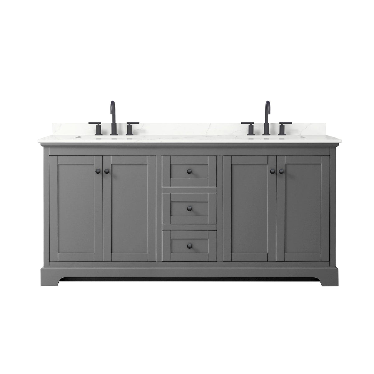 Wyndham Collection Avery 72" Double Bathroom Vanity in Dark Gray, Giotto Quartz Countertop, Undermount Square Sinks (3-Hole), Matte Black Trim
