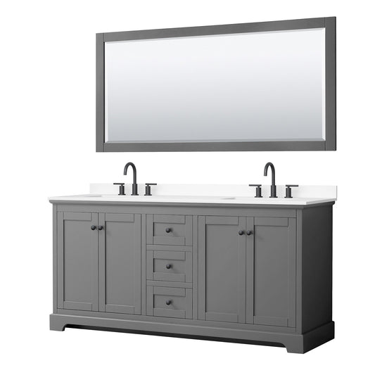 Wyndham Collection Avery 72" Double Bathroom Vanity in Dark Gray, White Cultured Marble Countertop, Undermount Square Sinks (3-Hole), Matte Black Trim and 70" Mirror