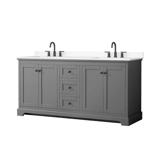 Wyndham Collection Avery 72" Double Bathroom Vanity in Dark Gray, White Cultured Marble Countertop, Undermount Square Sinks (3-Hole), Matte Black Trim