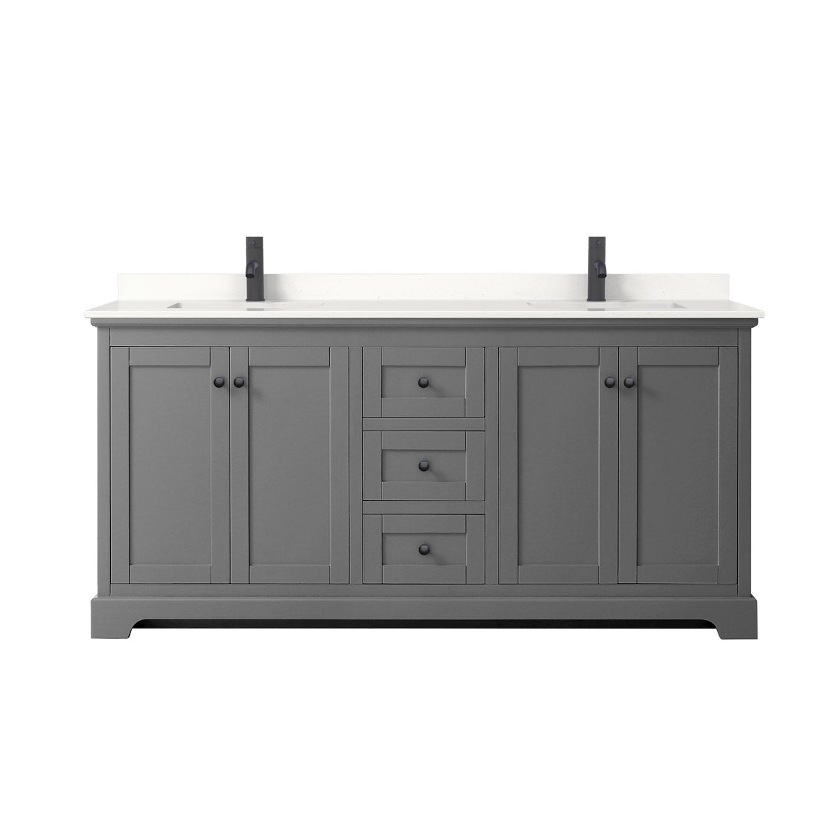 Wyndham Collection Avery 72" Double Bathroom Vanity in Dark Gray, White Quartz Countertop, Undermount Square Sinks (1-Hole), Matte Black Trim