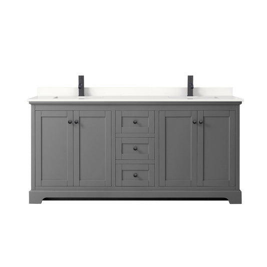 Wyndham Collection Avery 72" Double Bathroom Vanity in Dark Gray, White Quartz Countertop, Undermount Square Sinks (1-Hole), Matte Black Trim