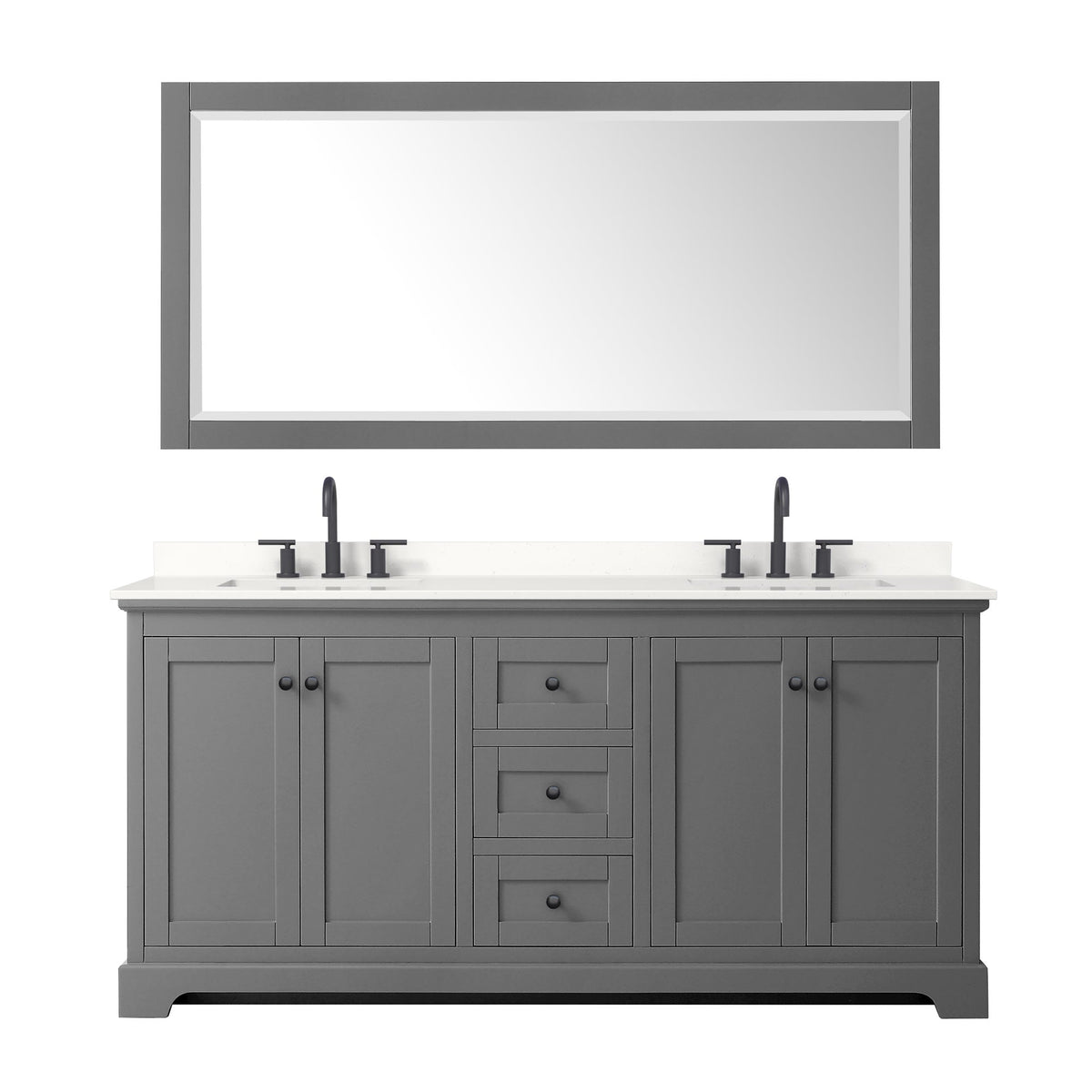 Wyndham Collection Avery 72" Double Bathroom Vanity in Dark Gray, White Quartz Countertop, Undermount Square Sinks (3-Hole), Matte Black Trim and 70" Mirror