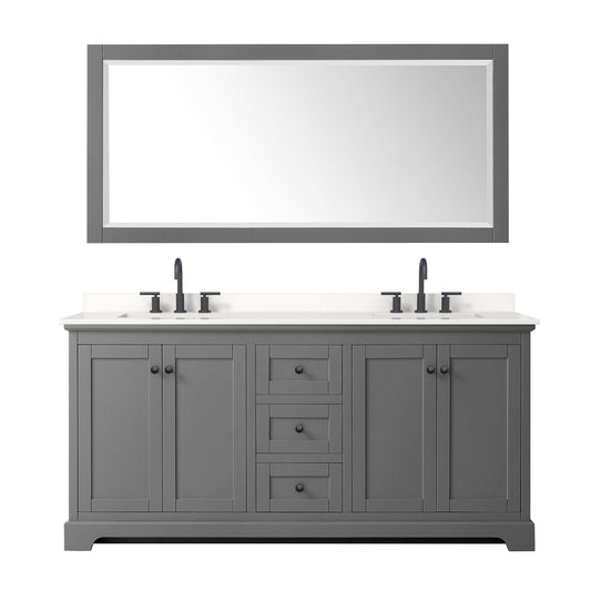 Wyndham Collection Avery 72" Double Bathroom Vanity in Dark Gray, White Quartz Countertop, Undermount Square Sinks (3-Hole), Matte Black Trim and 70" Mirror