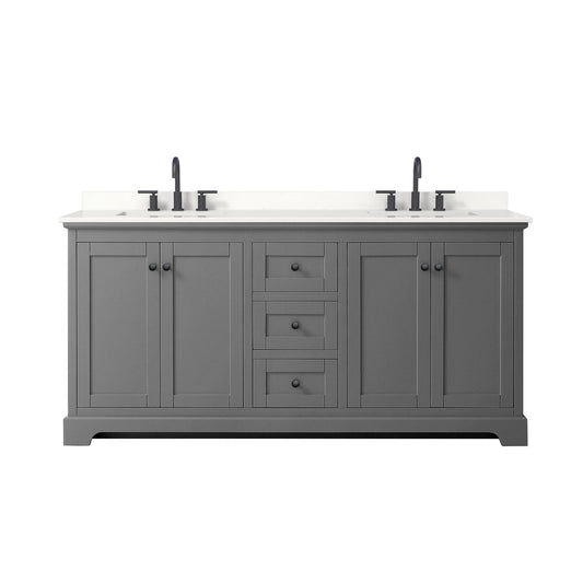 Wyndham Collection Avery 72" Double Bathroom Vanity in Dark Gray, White Quartz Countertop, Undermount Square Sinks (3-Hole), Matte Black Trim