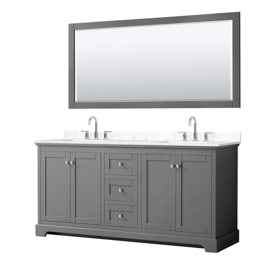 Wyndham Collection Avery 72" Double Bathroom Vanity in Dark Gray, Carrara Cultured Marble Countertop, Undermount Square Sinks (3-Hole), Polished Chrome Trim and 70" Mirror