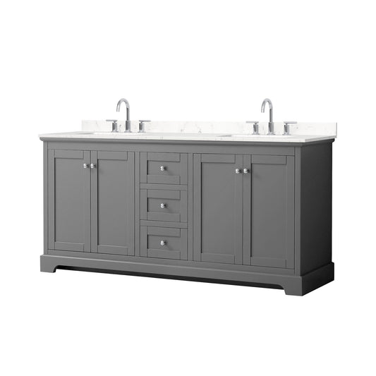 Wyndham Collection Avery 72" Double Bathroom Vanity in Dark Gray, Carrara Cultured Marble Countertop, Undermount Square Sinks (3-Hole), Polished Chrome Trim