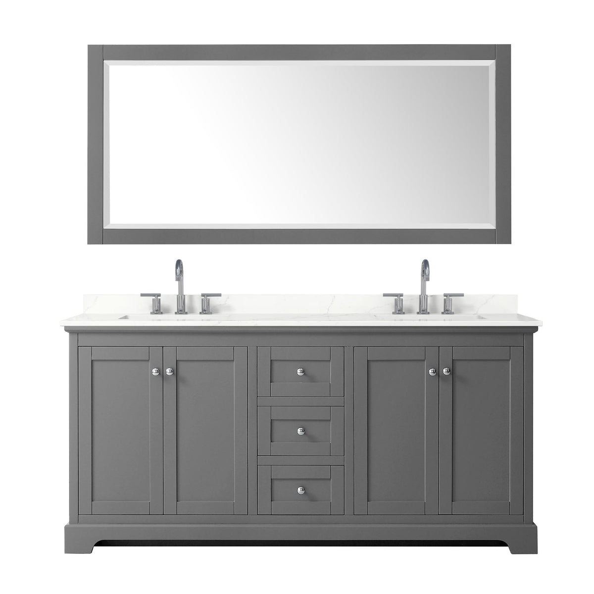 Wyndham Collection Avery 72" Double Bathroom Vanity in Dark Gray, Giotto Quartz Countertop, Undermount Square Sinks (3-Hole), Polished Chrome Trim and 70" Mirror