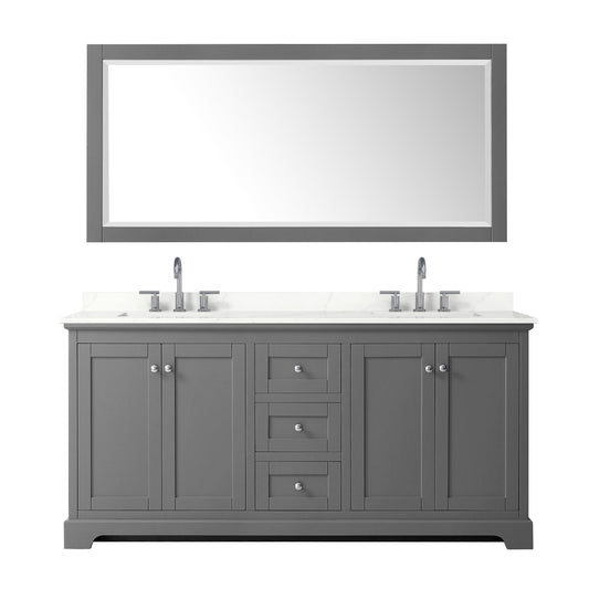 Wyndham Collection Avery 72" Double Bathroom Vanity in Dark Gray, Giotto Quartz Countertop, Undermount Square Sinks (3-Hole), Polished Chrome Trim and 70" Mirror