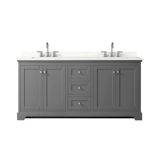 Wyndham Collection Avery 72" Double Bathroom Vanity in Dark Gray, Giotto Quartz Countertop, Undermount Square Sinks (3-Hole), Polished Chrome Trim