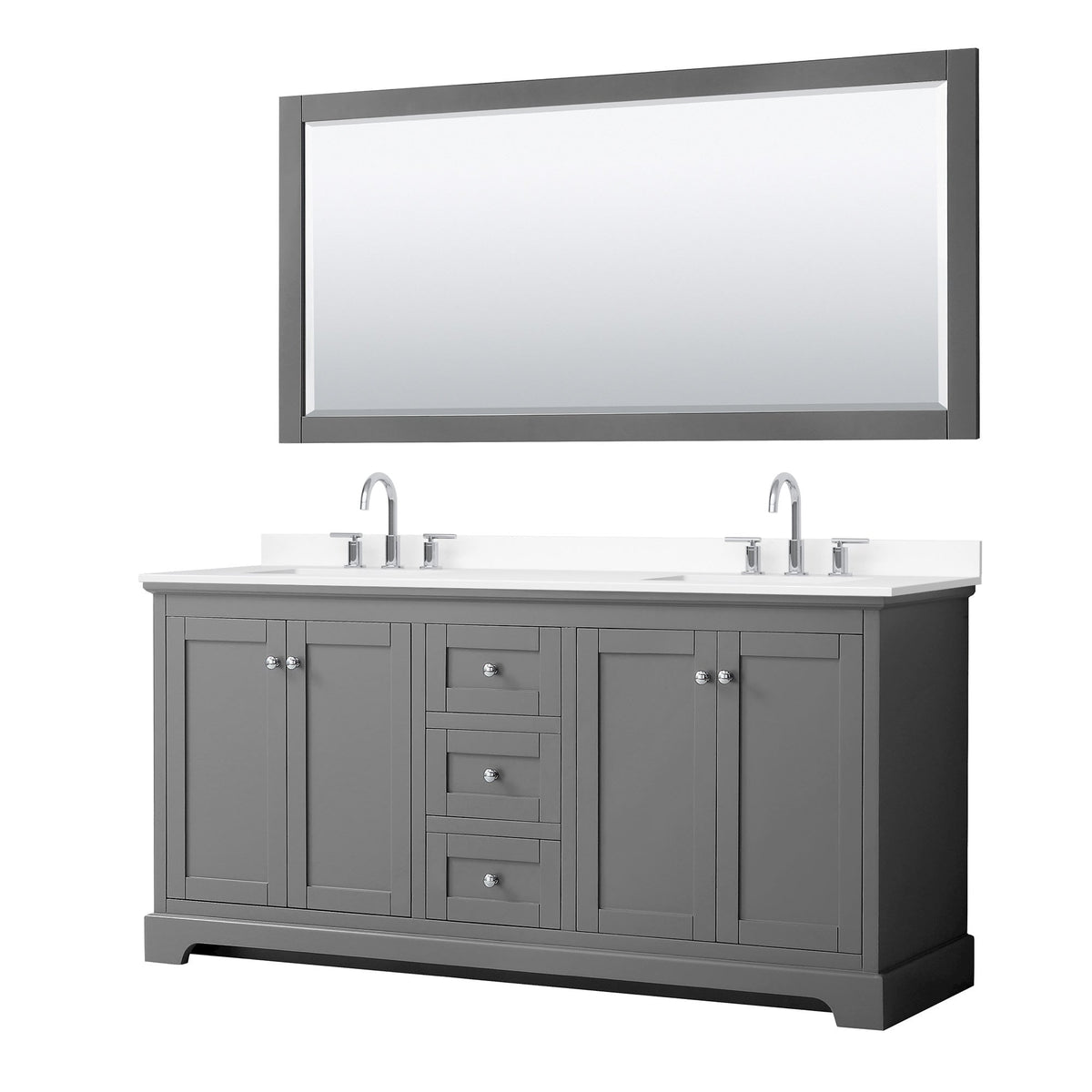 Wyndham Collection Avery 72" Double Bathroom Vanity in Dark Gray, White Cultured Marble Countertop, Undermount Square Sinks (3-Hole), Polished Chrome Trim and 70" Mirror