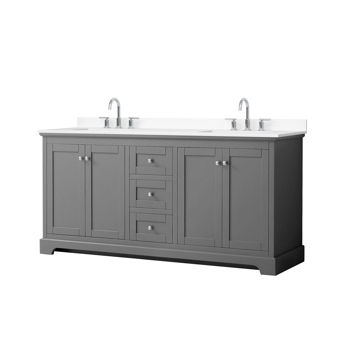 Wyndham Collection Avery 72" Double Bathroom Vanity in Dark Gray, White Cultured Marble Countertop, Undermount Square Sinks (3-Hole), Polished Chrome Trim