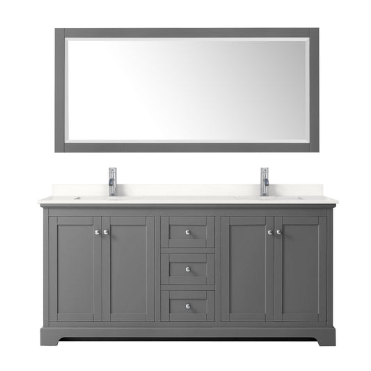 Wyndham Collection Avery 72" Double Bathroom Vanity in Dark Gray, White Quartz Countertop, Undermount Square Sinks (1-Hole), Polished Chrome Trim and 70" Mirror