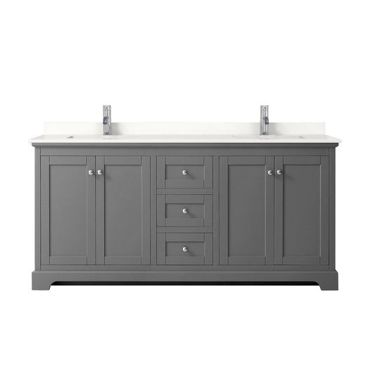 Wyndham Collection Avery 72" Double Bathroom Vanity in Dark Gray, White Quartz Countertop, Undermount Square Sinks (1-Hole), Polished Chrome Trim