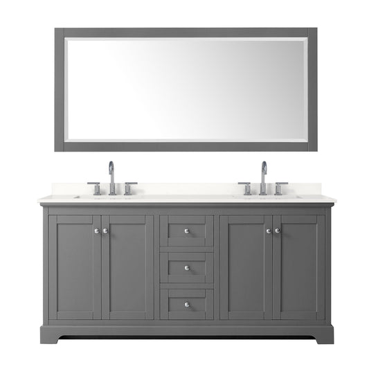 Wyndham Collection Avery 72" Double Bathroom Vanity in Dark Gray, White Quartz Countertop, Undermount Square Sinks (3-Hole), Polished Chrome Trim and 70" Mirror
