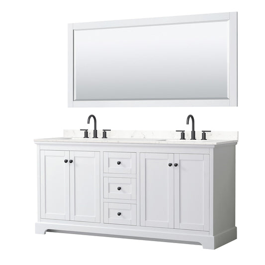 Wyndham Collection Avery 72" Double Bathroom Vanity in White, Carrara Cultured Marble Countertop, Undermount Square Sinks (3-Hole), Matte Black Trim and 70" Mirror