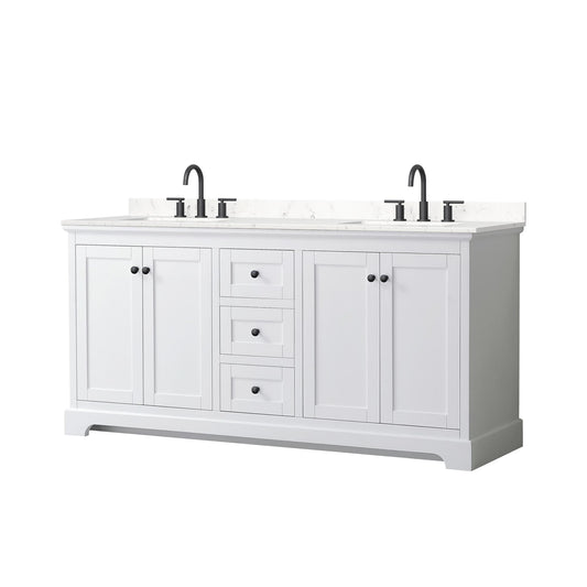 Wyndham Collection Avery 72" Double Bathroom Vanity in White, Carrara Cultured Marble Countertop, Undermount Square Sinks (3-Hole), Matte Black Trim