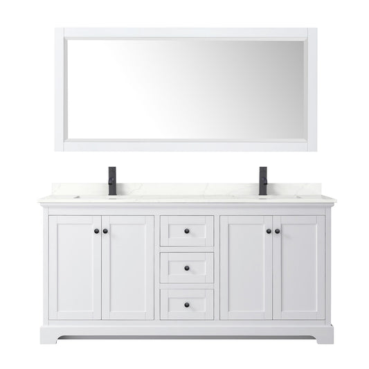 Wyndham Collection Avery 72" Double Bathroom Vanity in White, Giotto Quartz Countertop, Undermount Square Sinks (1-Hole), Matte Black Trim and 70" Mirror
