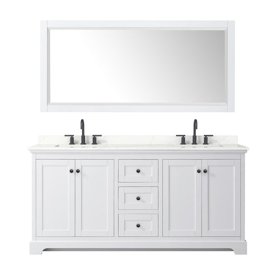 Wyndham Collection Avery 72" Double Bathroom Vanity in White, Giotto Quartz Countertop, Undermount Square Sinks (3-Hole), Matte Black Trim and 70" Mirror