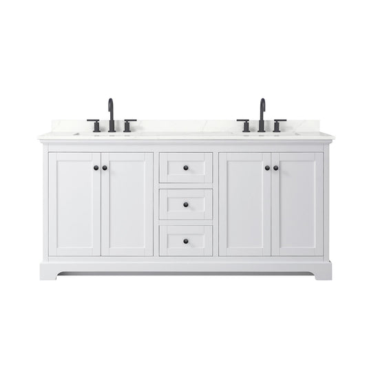 Wyndham Collection Avery 72" Double Bathroom Vanity in White, Giotto Quartz Countertop, Undermount Square Sinks (3-Hole), Matte Black Trim