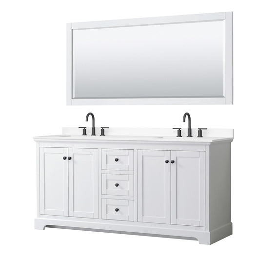 Wyndham Collection Avery 72" Double Bathroom Vanity in White, White Cultured Marble Countertop, Undermount Square Sinks (3-Hole), Matte Black Trim and 70" Mirror