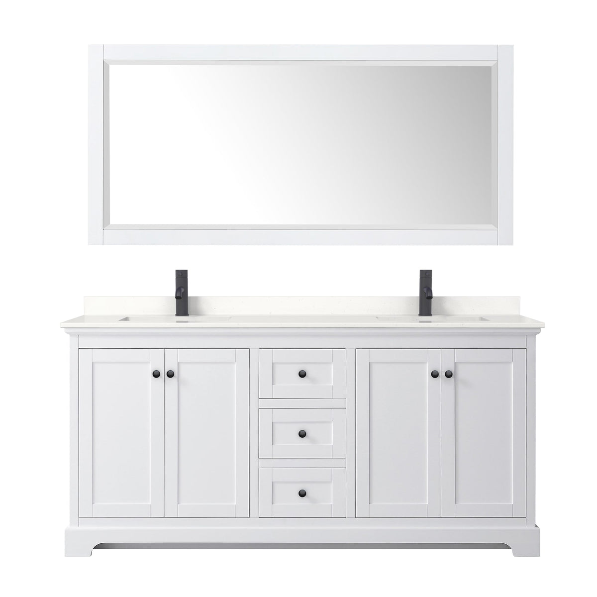 Wyndham Collection Avery 72" Double Bathroom Vanity in White, White Quartz Countertop, Undermount Square Sinks (1-Hole), Matte Black Trim and 70" Mirror