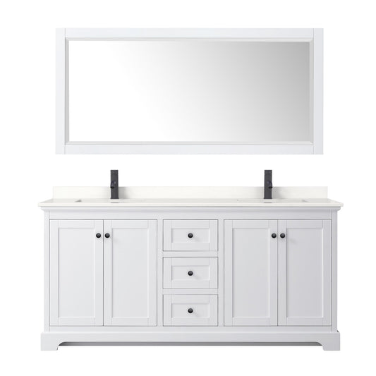 Wyndham Collection Avery 72" Double Bathroom Vanity in White, White Quartz Countertop, Undermount Square Sinks (1-Hole), Matte Black Trim and 70" Mirror