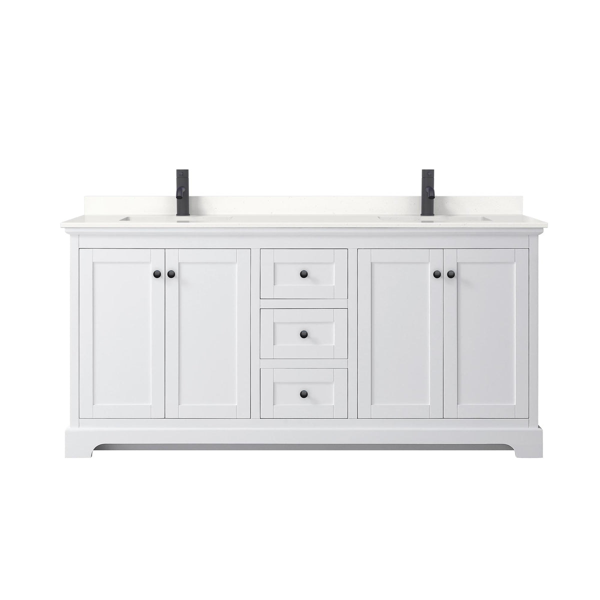 Wyndham Collection Avery 72" Double Bathroom Vanity in White, White Quartz Countertop, Undermount Square Sinks (1-Hole), Matte Black Trim