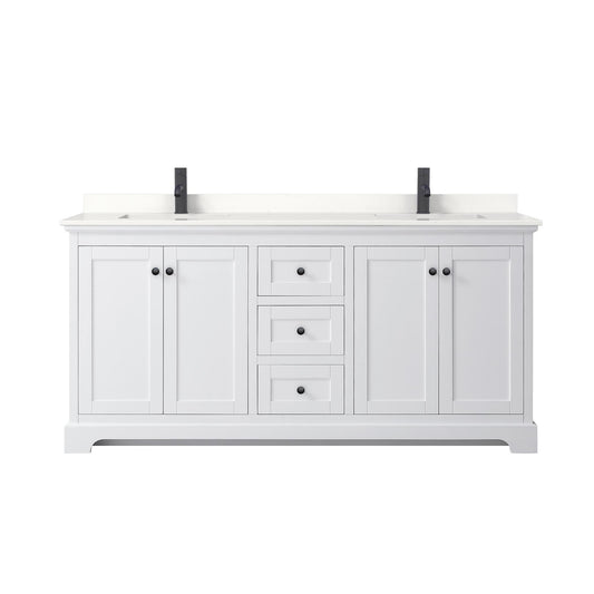 Wyndham Collection Avery 72" Double Bathroom Vanity in White, White Quartz Countertop, Undermount Square Sinks (1-Hole), Matte Black Trim