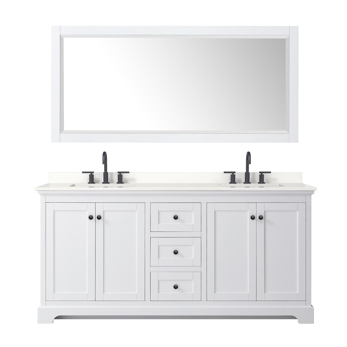 Wyndham Collection Avery 72" Double Bathroom Vanity in White, White Quartz Countertop, Undermount Square Sinks (3-Hole), Matte Black Trim and 70" Mirror