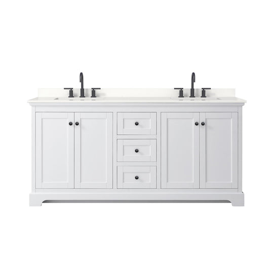 Wyndham Collection Avery 72" Double Bathroom Vanity in White, White Quartz Countertop, Undermount Square Sinks (3-Hole), Matte Black Trim