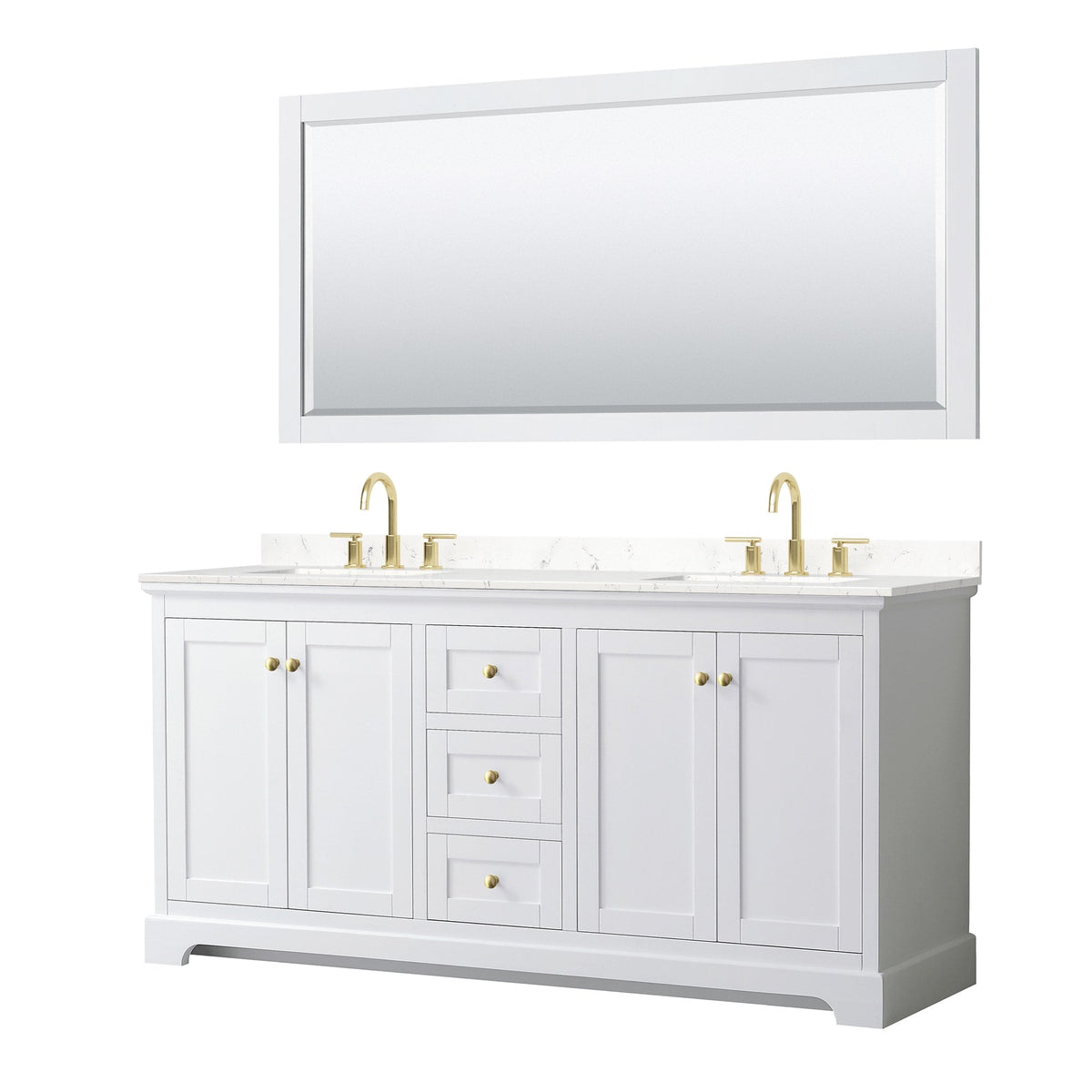Wyndham Collection Avery 72" Double Bathroom Vanity in White, Carrara Cultured Marble Countertop, Undermount Square Sinks (3-Hole), 70" Mirror, Brushed Gold Trim